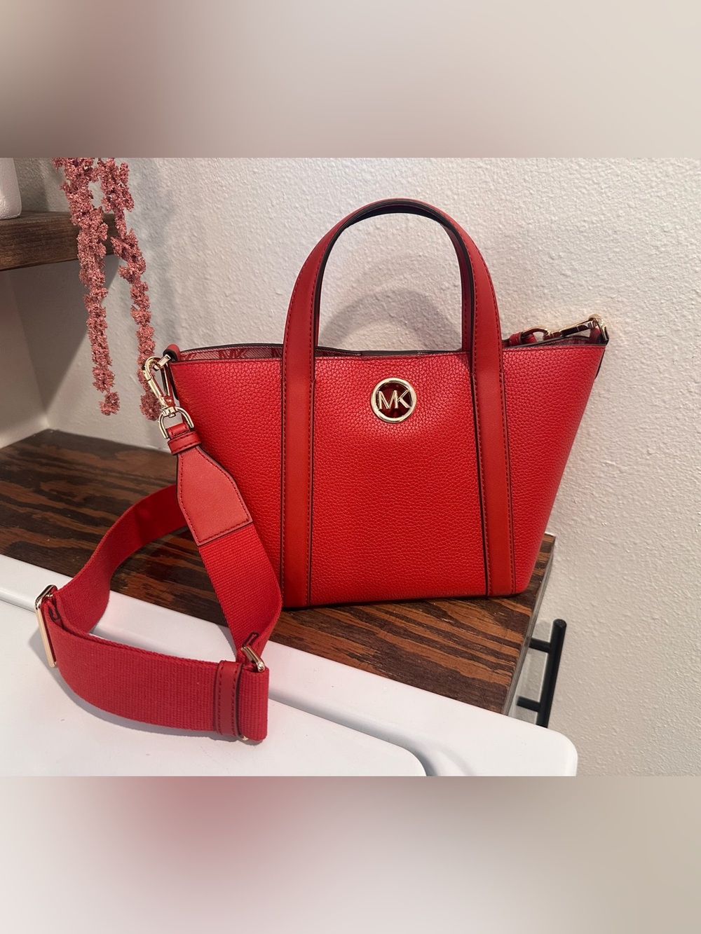 Michael Kors Orange Red Pebbled Leather Satchel with Gold MK Emblem